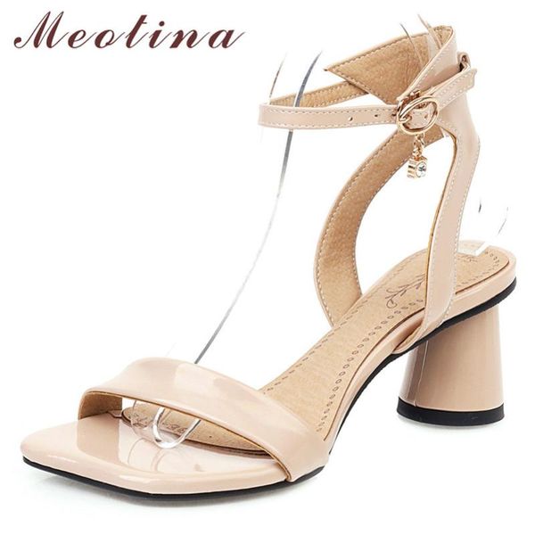 

meotina summer sandals shoes women patent leather round high heels ankle strap buckle open toe ladies plus size 46, Black
