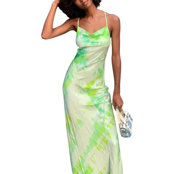 

casual dresses back cross tie dyed maxi dress spaghetti straps long sundress party fromal elegant women's summer, Black;gray