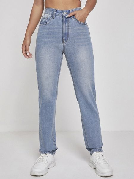 

high waist straight leg jeans 66qt#, Blue