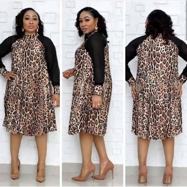 

ethnic clothing leopard print a-line dress african women mesh long sleeve patchwork knee length africa autumn wedding plus size, Red