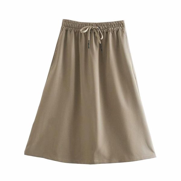 

pure color fashion all-match elastic waist midi skirt skirts, Black