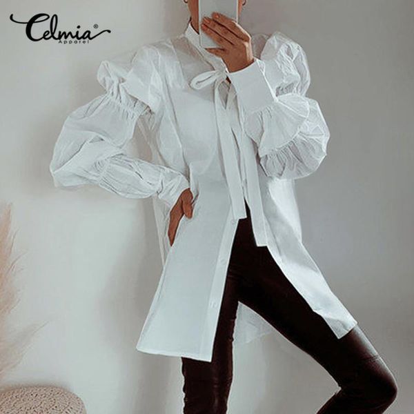 

women's blouses & shirts women fashion puff sleeve shirt 2021 celmia casual bowknot long solid loose elegant office plus size streetwe, White