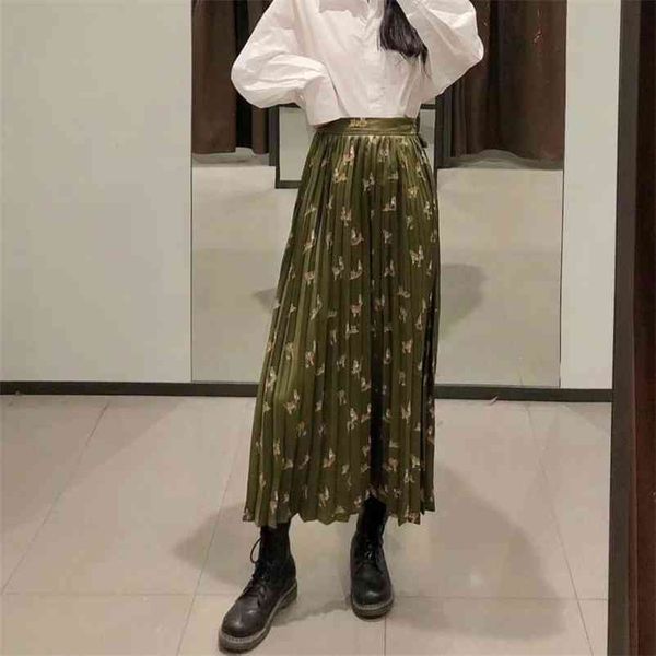 Casual Mulher Green Imprimir Cetim Plissado Longa Saias Primavera Moda Senhoras Zipper Feminino Vintage Skirt Drapejado 210515