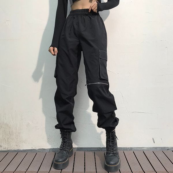 

women's pants & capris cargo black streetwear ankle banded high waist pocket zipper hip-hop harem joggers trousers p4db, Black;white
