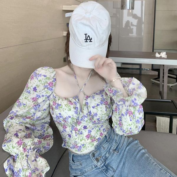 

women's blouses & shirts 2021 vintage square collar blouse women floral fashion clothing autumn korean style short chiffon, White