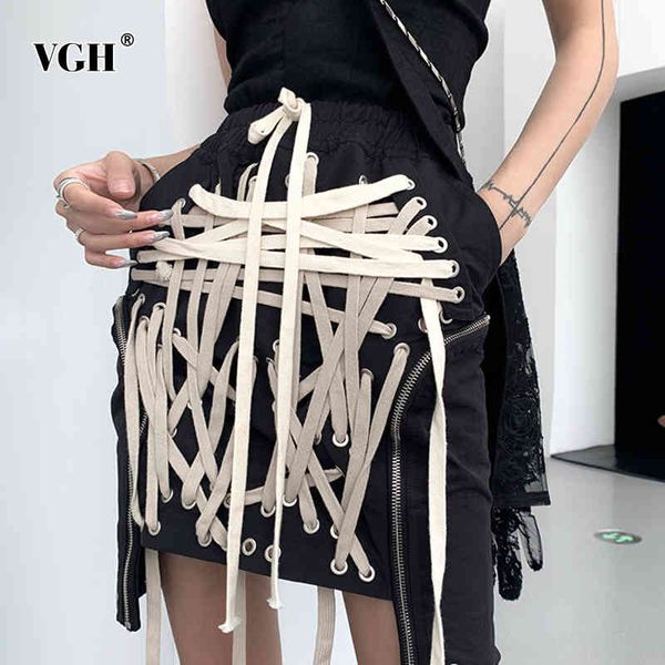 

vgh bandage hit color skirt for women high waist patchwork tassel irregular hem mini skirts female fashion new clothing 210421, Black