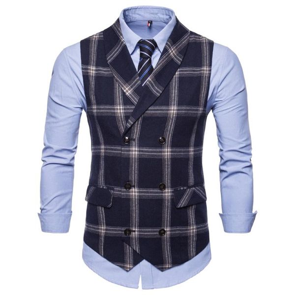 

men's vests classic plaid suit vest men slim fit double breasted waistcoat mens business wedding tuxedo gilet homme, Black;white