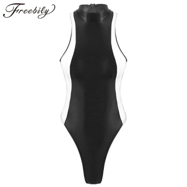

womens one-piece swimsuits smooth silky color block mock neck sleeveless high cut thong leotard female bodysuit swimwear suits