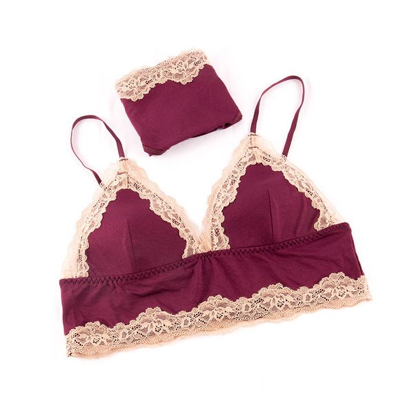 

bras sets french modal triangle cup women's underwear set lace back thin cotton bra without steel ring, Red;black
