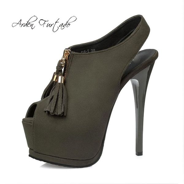 

arden furtado summer fashion women's shoes peep toe zipper elegant fringed mature army green platform sandals 44 45, Black