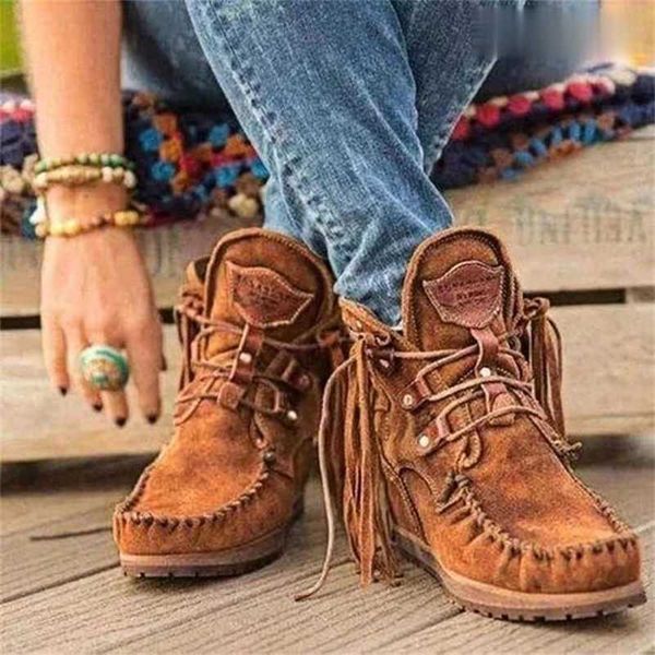 Mulheres Ankle Botas Senhoras Camurça Sapatos Tassel Pop Lace-up Boho Flat Cowboy Short 211020