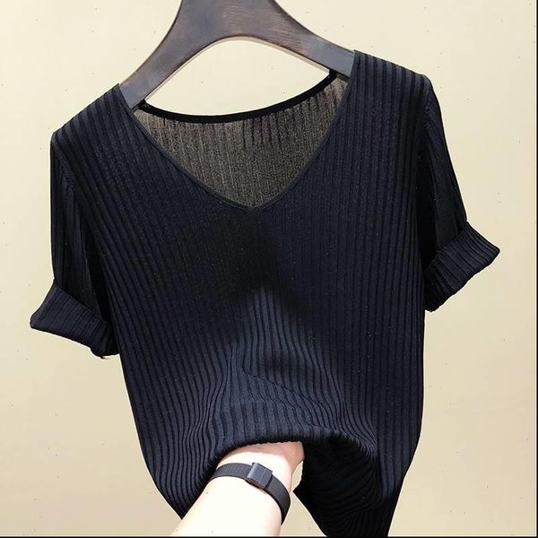 

knitted women short sleeve v neck t shirts blue loose black thin knit orange ladies summer camiseta autumn, White