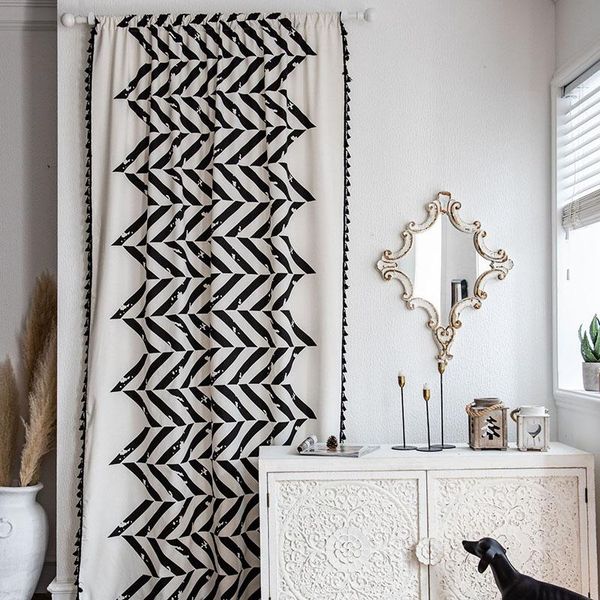 

curtain & drapes american style cotton linen printing black geometric curtains for living room kitchen semi-shade bay window