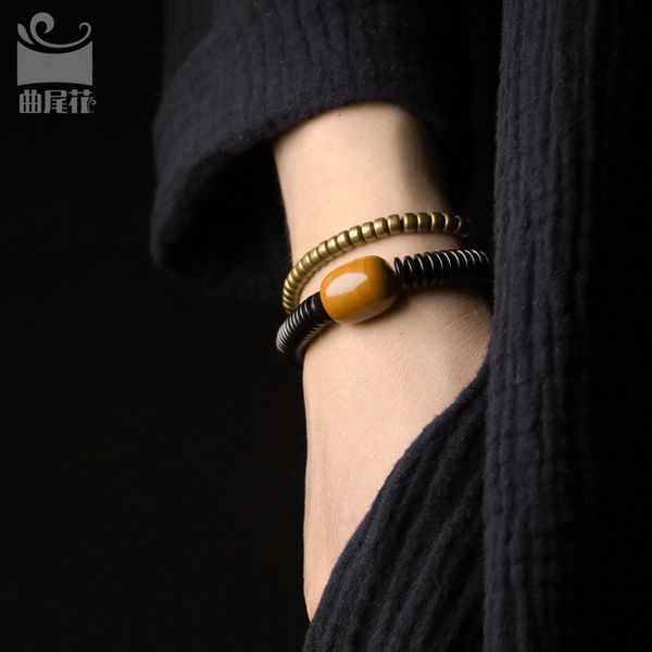 

flower black bead bracelet men's simple coconut shell brass set meal women's versatile leisure spring and summer, Golden;silver