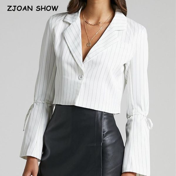 

women's suits & blazers 2021 autumn notched collar white striped cropped blazer vintage women tie bow lacing up sleeve high waist suit, White;black