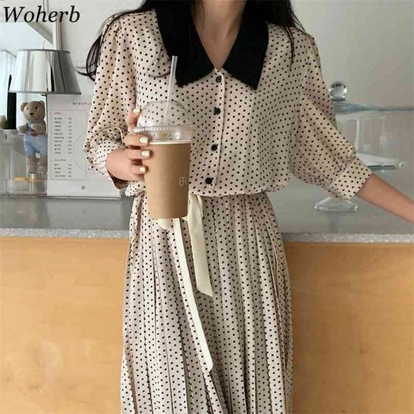 

dress for women spring puff sleeve slim waist vestidos mujer korean contrast color dot pleated vintage elegant dresses 210519, Black;gray