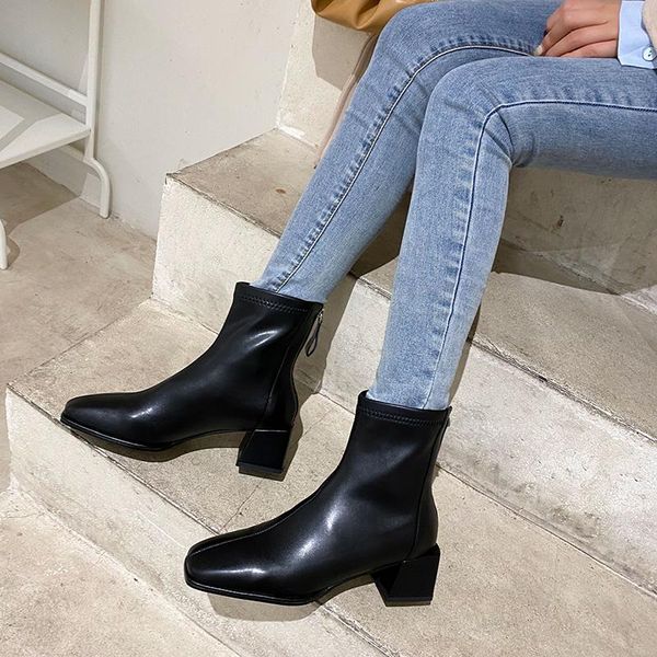 

boots side zipper women's genuine leather square toe shoes woman heels 2021 winter office lady party ankle, Black