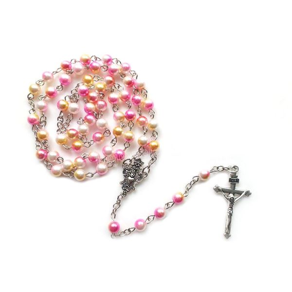 

colours acrylic cross rosary necklace for women long pendant catholic prayer jewelry long, Silver