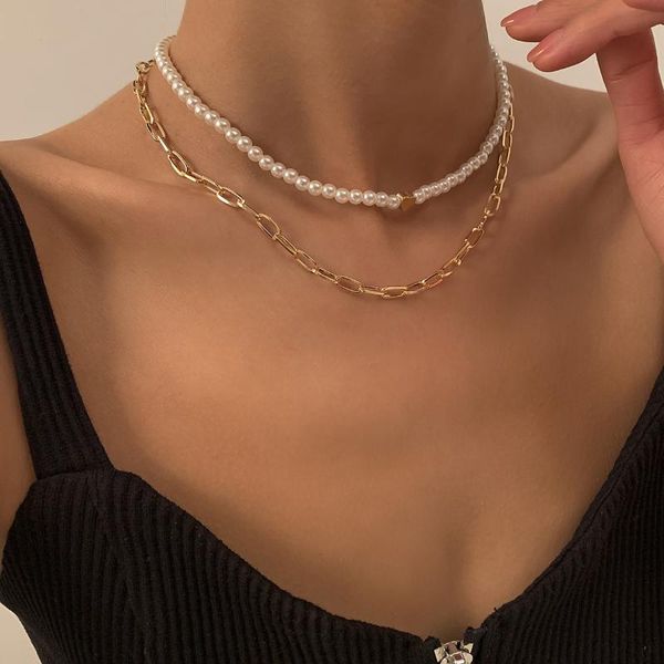 

chokers 2021 fashion elegant imitation pearl small love heart gold color hollow chian metal necklace for women girls jewelry, Golden;silver