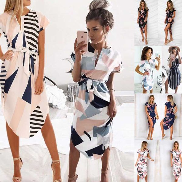 

casual dresses 2021 square printing short sleeve dress summer lace-up women irregular elegant office ladies wf096, Black;gray