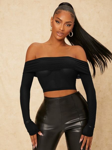 

fold off shoulder crop tee f786#, White