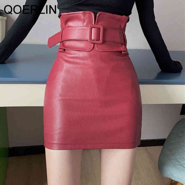 

suits washed pu leather korean slim high waist skirt female plus size belt mini safety liner shorts skirts, Black