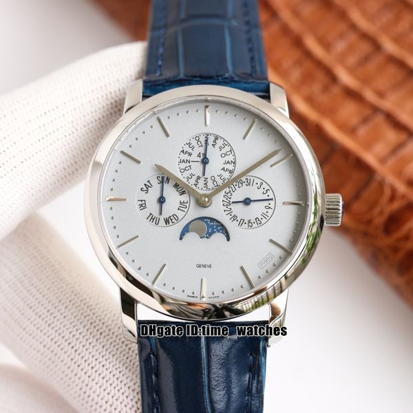 

8 style version twf watch patrimony perpetual calendar 43175/000p-b190 cal.1120qp automatic mens watch silver case gray dial blue leather st, Slivery;brown