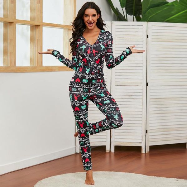 

gym clothing 2021 winter women jumpsuit christmas pyjamas deep v neck elk print slim casual home sleepwear, White;black