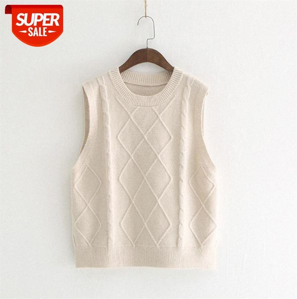 

women's round neck knitted vest literary solid color rhombus twist split pullover blouse #ai5h, Black;gray