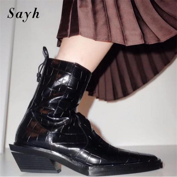 

boots women black leather platform chunky heel zipper ankle pointy toe design winter motorcycle