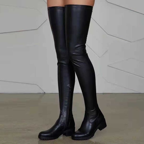 

2021 spring and autumn new knee women's round head fashion large thick heel long tube knight boots, Black