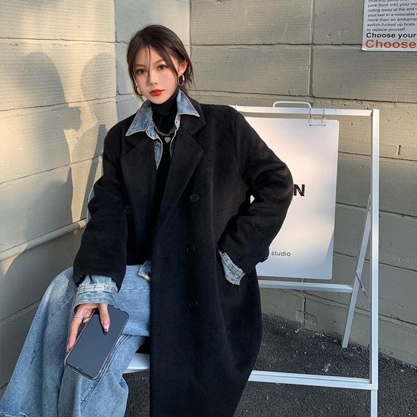 

women's wool & blends woollen overcoat autumn and winter clothing in 2021, Black