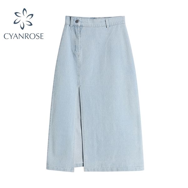 

summer splited denim skirt women fashion korean sweet style high waist ligh blue straight casual jean mejur 210515, Black