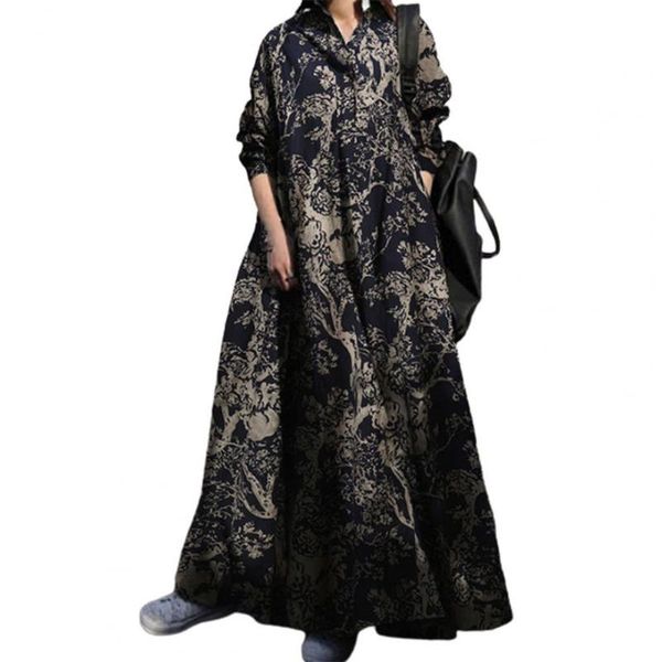 

casual dresses vintage women maxi dress large hem floral printed turn-down collar buttons 2021 autumn long sleeve beach party, Black;gray
