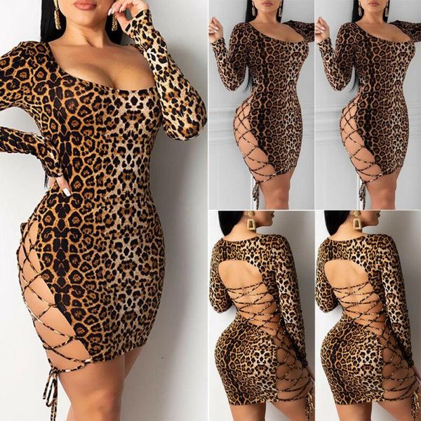

women bandage bodycon mini dress long sleeve leopard club party short ladies criss cross dresses casual, Black;gray