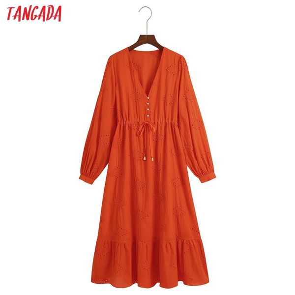 

casual dresses tangada women embroidery romantic dress lantern long sleeve buttons females cotton vestidos 6z66, Black;gray