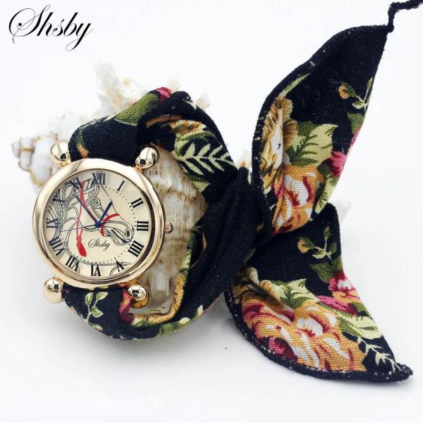 

wristwatches shsby ladies flower cloth wristwatch women dress watch fashion girl casual rhinestone quartz femme horse fabric clock, Slivery;brown