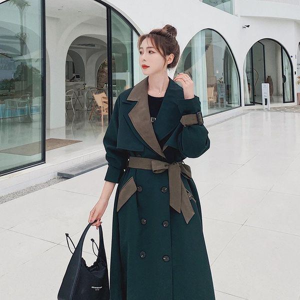 

women's trench coats [ewq] korea chic green coat autumn 2021 laple loose lace up waist double breasted long sleeve windbreaker, Tan;black