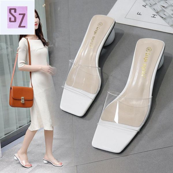 

slippers women's summer wear 2021 transparent open-toed square head flat sandals thick heel and, Black