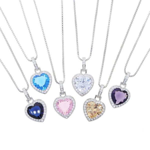 

chains 6 colors pink blue white solid heart zircon pendant necklaces with 5a cz paved colorful rainbow wedding jewelry gift for women, Silver