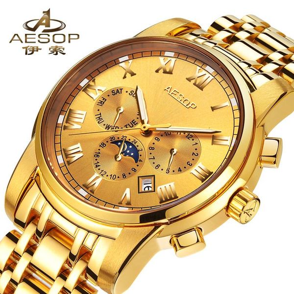 

luminous automatic mechanical wristwatch aesop brand fashion watch men waterproof male clock calendar relogio masculino wristwatches, Slivery;brown