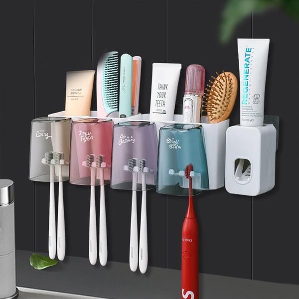 

wall-mounted toothbrush holder bathroom rack toothpaste squeezer set pp punch-organizer storage shelf accessories holders