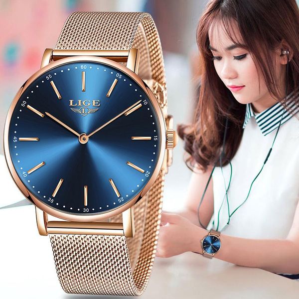 

wristwatches lige super slim rose gold mesh stainless steel watches women casual clock ladies wrist watch lady, Slivery;brown