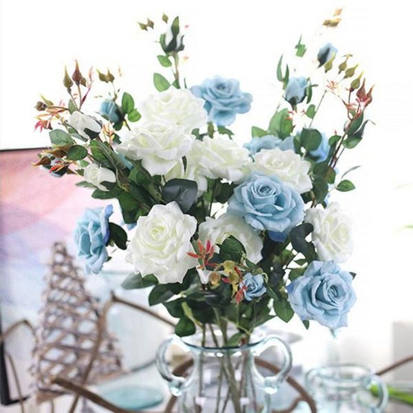 

5pcs/lot diy valentines gift 3 heads 90cm blue/white plastic rose flower branch wedding ceremony party favor artificial flowers decorative &