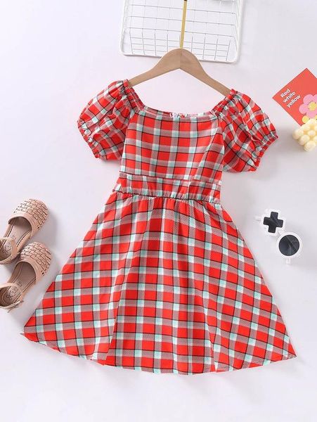 

girls plaid puff sleeve dress she, Red;yellow