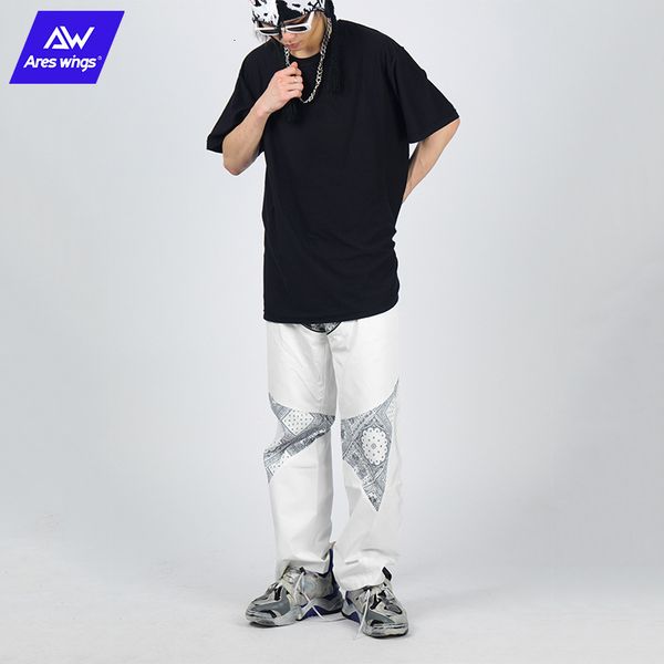 

pants trousers casual men's cashew flower stitching printing wide leg, Black