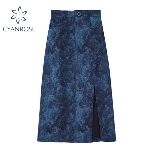 

streetwear tie dye skirts women high waist button a-line hem split slim clothes female stylish chic loose leisure tide skirts 210417, Black