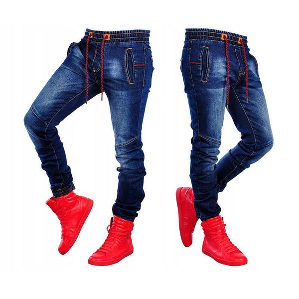 

men's fashion trends jeans skinny stretch denim trouers classic style pencil pants drawstring elastic waistband slim fit pants x0621, Blue
