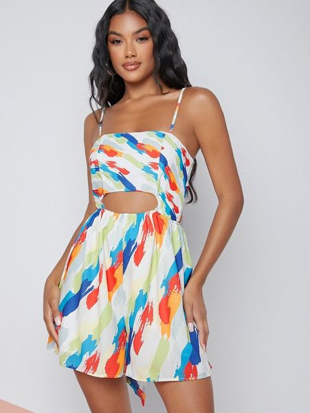 

multicolored cutout cami self-tie romper d2va#, White