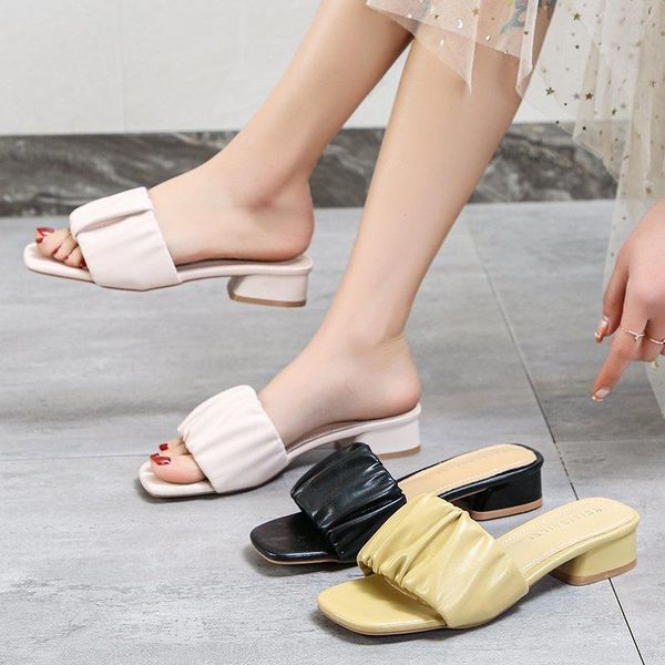 

slippers 2021 woman shoes high heels summer square heel casual women's slides leather for women zapatillas mujer, Black